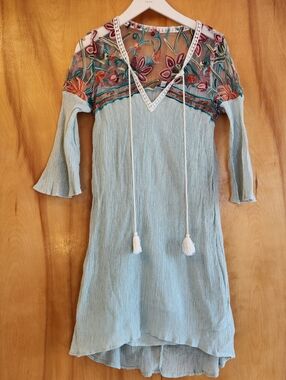 Tassels N Lace Women's Boho Embroidered Mini Dress in Seafoam, Size S